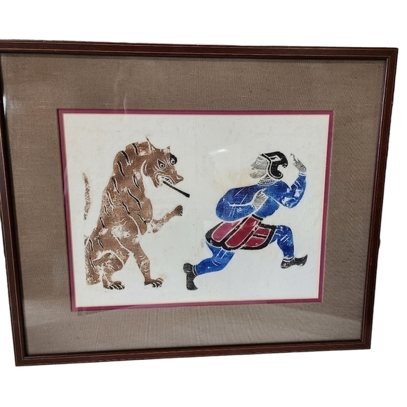 Chinese Temple stone rubbing Framed Art Lion chasing man - Picture 1 of 12